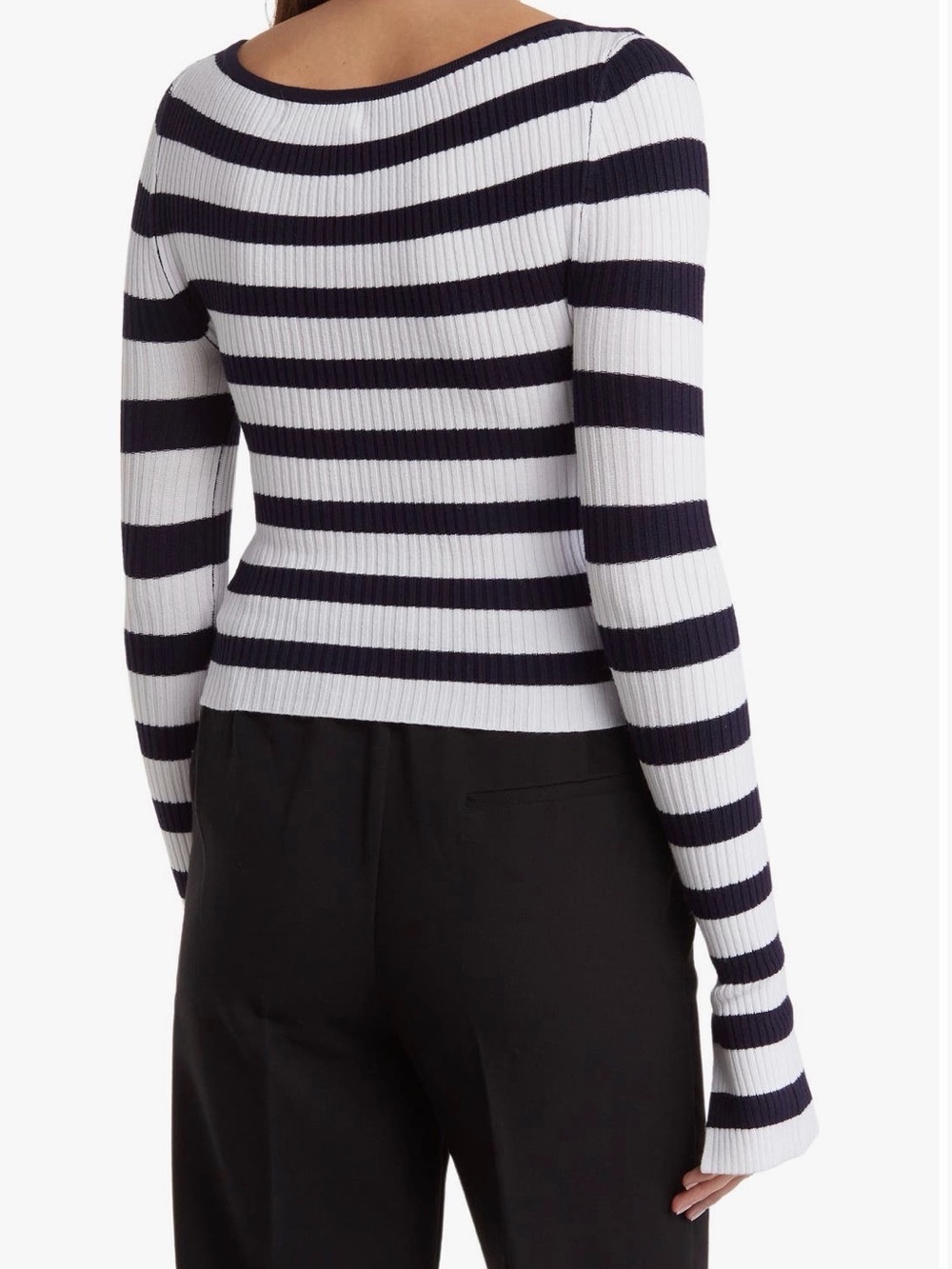 Classic Striped Ribbed Scoop-Neck Sweater - White & Black - Picture 2 of 4
